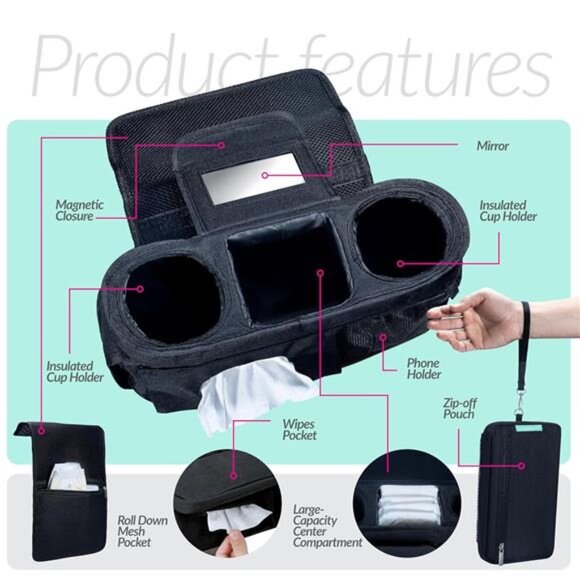 Stroller Caddy Organizer With Cup Holder, Non Slip Straps Bag for Phone - Picture 2 of 7